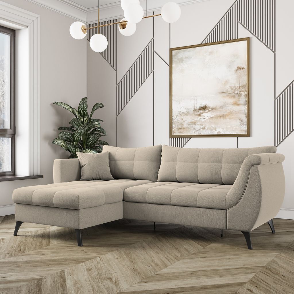 Masseno Ecksofa MOLLIS mit Schlaffunktion L-Form, Sofa mit Bettkasten, Wohnzimmersofa, Couch, Soffa, Bettsofa, Couchgarnitur- Beige, SORO 21
