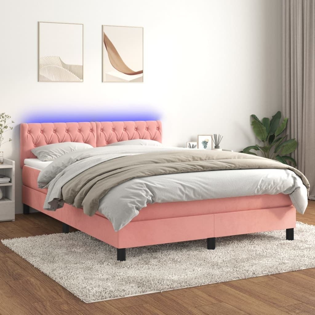 vidaXL Boxspringbett mit Matratze & LED Rosa 140x200 cm Samt - Boxspringbett - Boxspringbetten - Bett - Betten