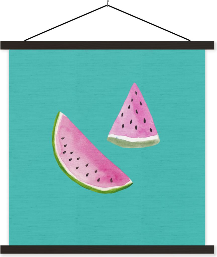 MuchoWow Textilposter Wassermelone - Obst - Aquarell - Blau 120x120 cm mit schwarzem Rahmen - Aufhängungsset