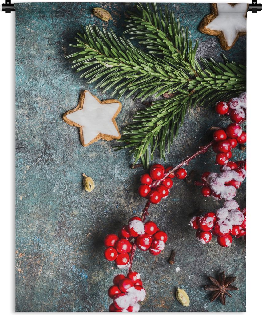 MuchoWow Wandteppich Wandbehang Weihnachten - Rustikal - Zweige - Sternanis - Beeren - Rot 120x160 cm Tapisserie Dekoration Wandtuch - Wohnzimmer...