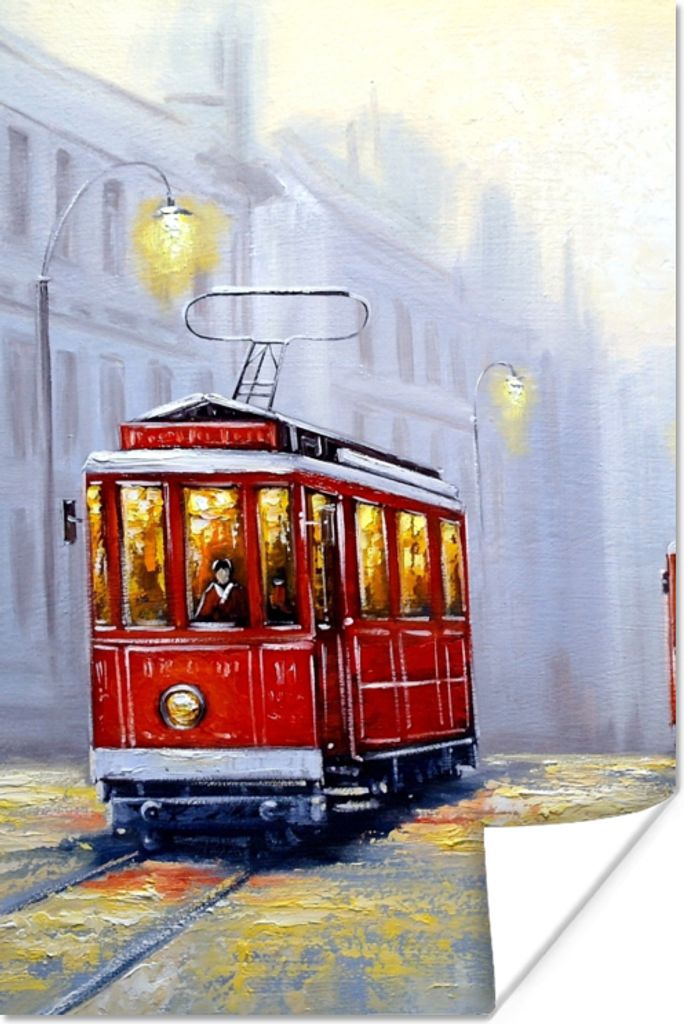 MuchoWow Poster Gemälde - Straßenbahn - Stadt - Öl 40x60 cm - Plakate für die Wand - Poster Babyzimmer