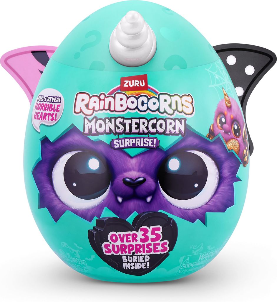 A teal egg-shaped toy with a monster face printed on it, representing a surprise toy.