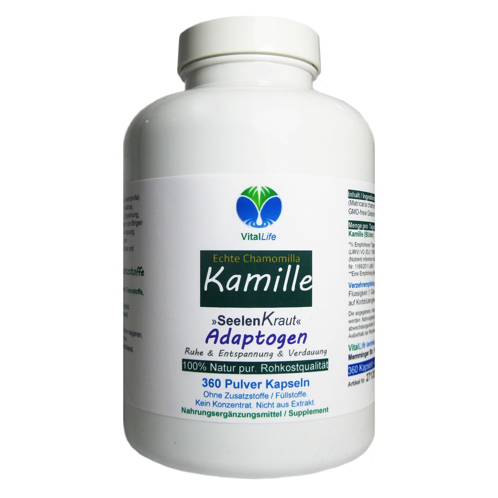 Kamille Kamillenblüten 360 Kapseln MAGEN - DARM - VERDAUUNG - ENTSPANNUNG - Natürliches Adaptogen - 100% NATUR PUR! OHNE ZUSATZSTOFFE!