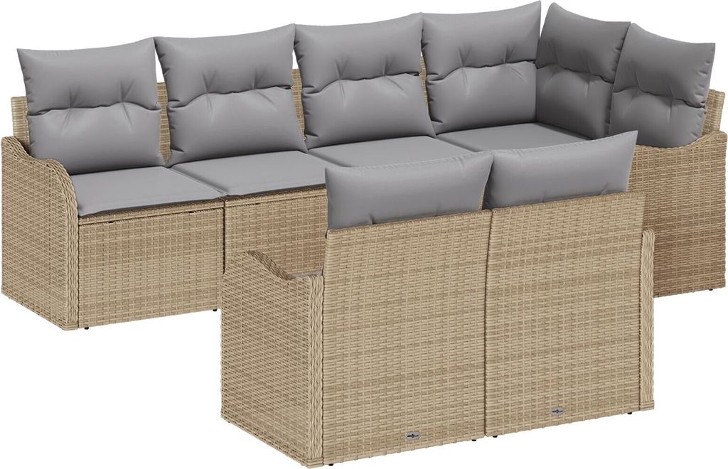"2025"Cloris 7-teiliges Garten Sofa Set mit Kissen Beige Poly Rattan, 2-Sitzer Garten Sofa mit Kissen Beige Poly Rattan - Gartensofas 514642