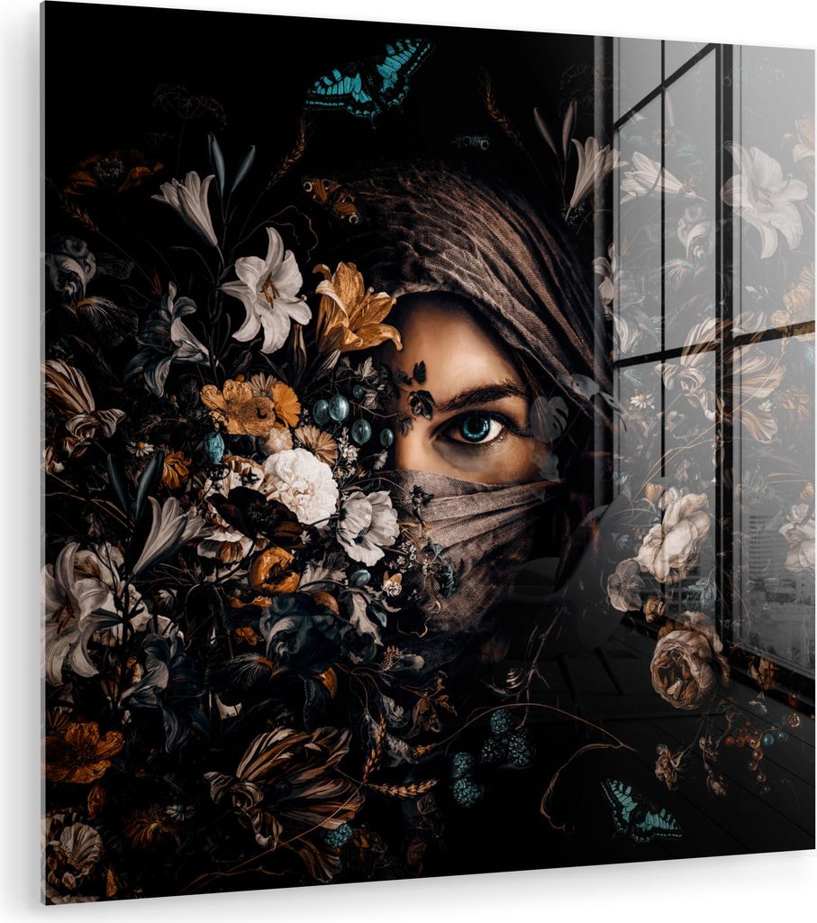 MuchoWow Glasbilder - Bilder auf Wandbild - Foto auf Glas Frau - Luxus - Blumen - Schmetterling - Porträt 90x90 cm Wanddekoration aus Glas - Acryl...