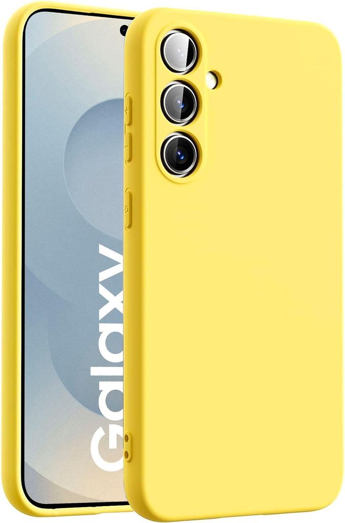 A yellow phone case is shown on a white background, with a phone partially visible underneath.