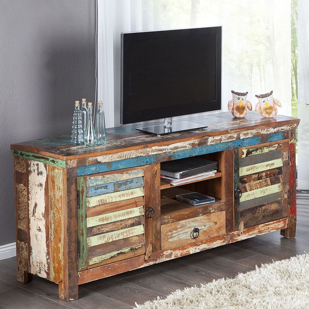 cagü: TV-Tisch BORNEO aus recyceltem Teakholz massiv 150cm x 40cm x 60cm