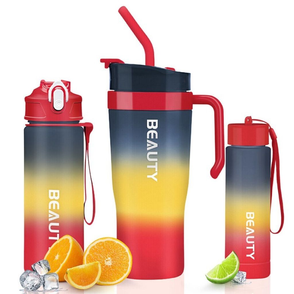 Wasserflasche Bidon ombre 3in1 Becher mit Halter und Strohhalm mit Messbecher tragbar BD13WZ4