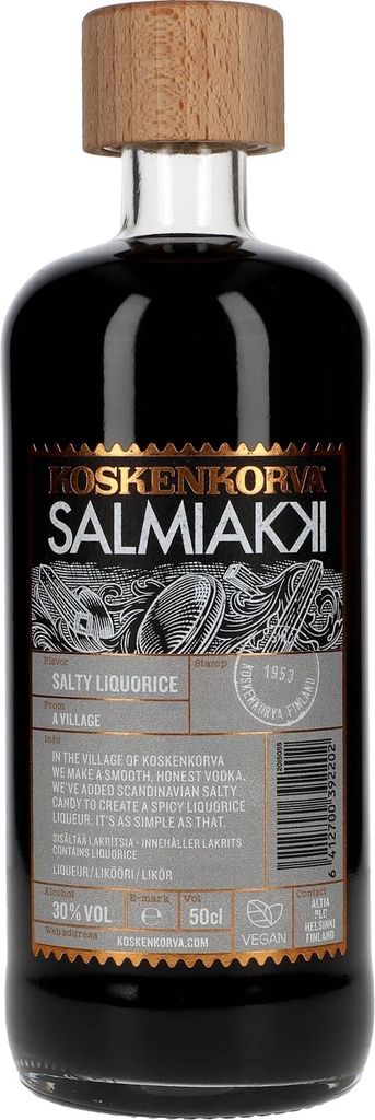 A bottle of Koskenkorva Salmiakki liquorice liqueur.