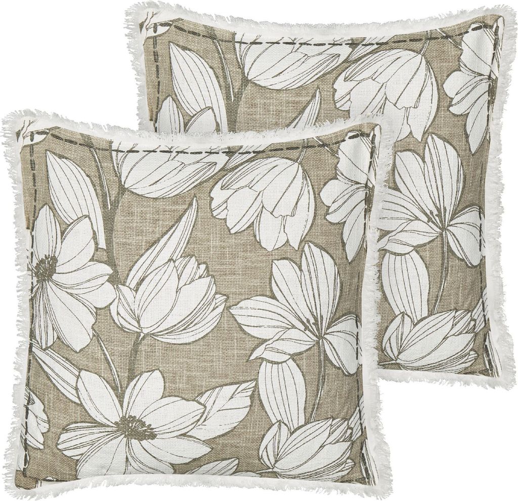 BELIANI Set aus 2 Baumwollkissen 45 x 45 cm mit Blumenmuster und Fransen, handgefertigt, mit abnehmbarer Hülle und Füllung im Boho-Stil, weiß un...