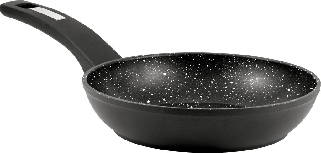 A black frying pan with a speckled interior and a black handle, shown against a white background.