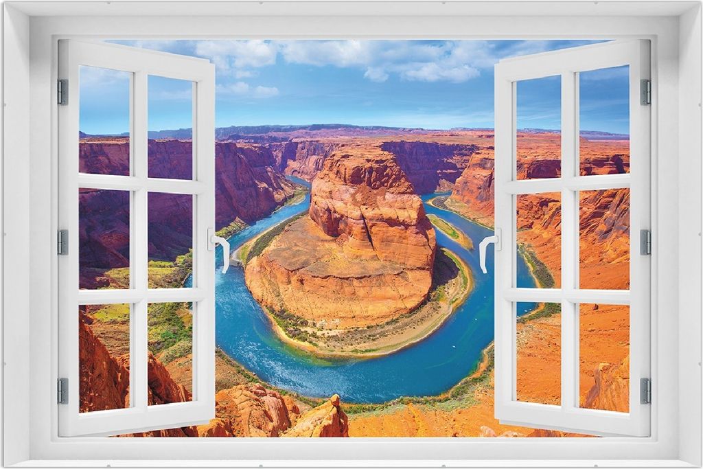 Wallario Wandbild mit Fenster-Illusion: Hufeisenförmiger Mäander des Colorado River, Größe: 61 x 91,5 cm, Poster mit rahmenlosen Bildhalter