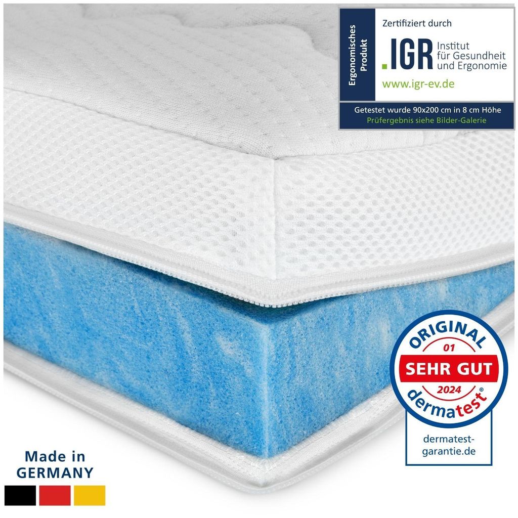 AM Qualitätsmatratzen | Premium Plus Gelschaum-Topper | 160x210 cm | 8 cm hoch | Bezug aus Lyocell | Antirutschfunktion | Umlaufendes Klimaband | ...