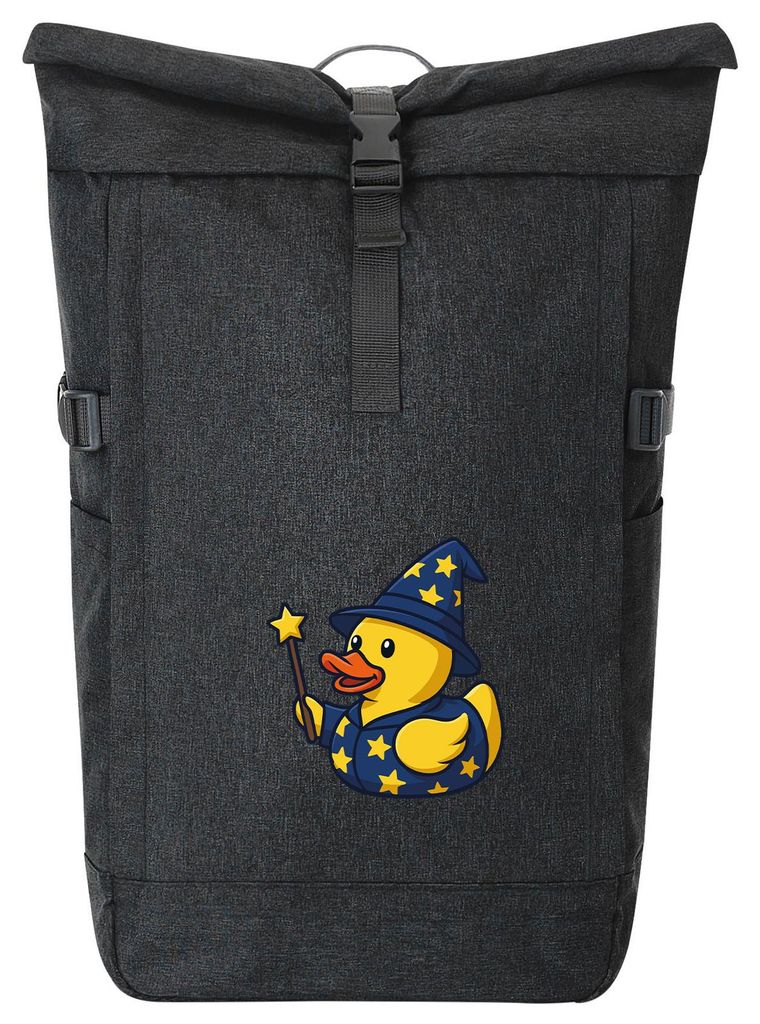 Huuraa Kurierrucksack Quietscheente Zauberer Gummiente Magier 30-44 Liter Black Melange Fairtrade Rolltop Rucksack Geschenkidee