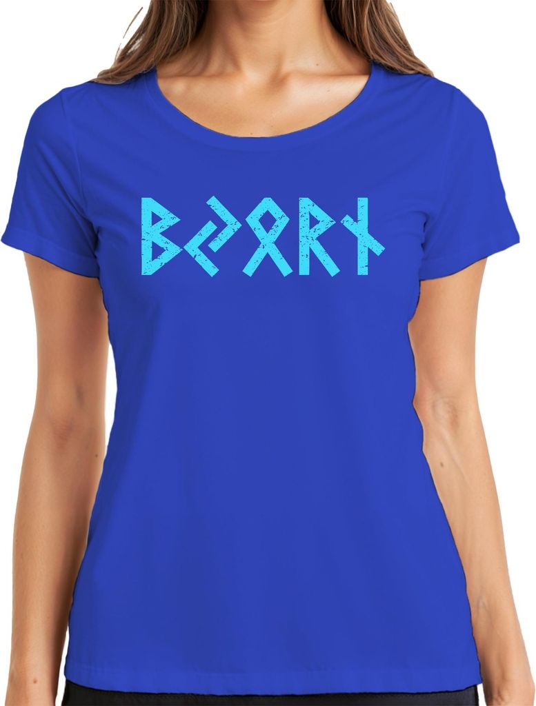 Wikinger Runenschrift Walhalla Futhark Personalisiert mit Namen Damen T-Shirt, Blau, M