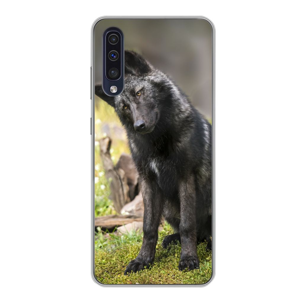 MuchoWow Handyhülle Schutzhülle Hülle für Samsung Galaxy A30s Wolf - Schwarz - Gras Silikon Softcase Handy Hülle - Karteninhaber