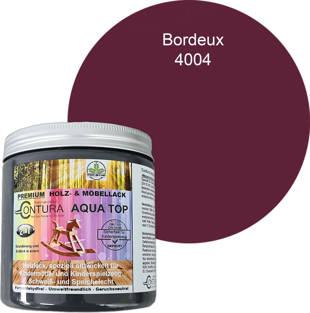 Contura 250ml. Möbellack Lack für Kinderspielzeug Buntlack DIN EN71/3 Buntlack Holzlack - RAL 4004 Bordeaux