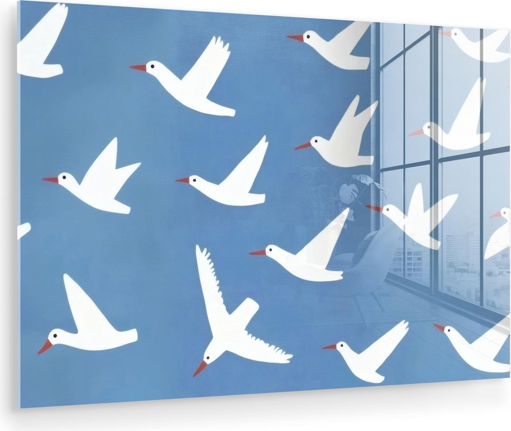 MuchoWow Glasbilder - Bilder auf Wandbild - Foto auf Glas Vögel - Weiß - Muster 120x80 cm Wanddekoration aus Glas - Acrylglasbild - Acrylbilder -...