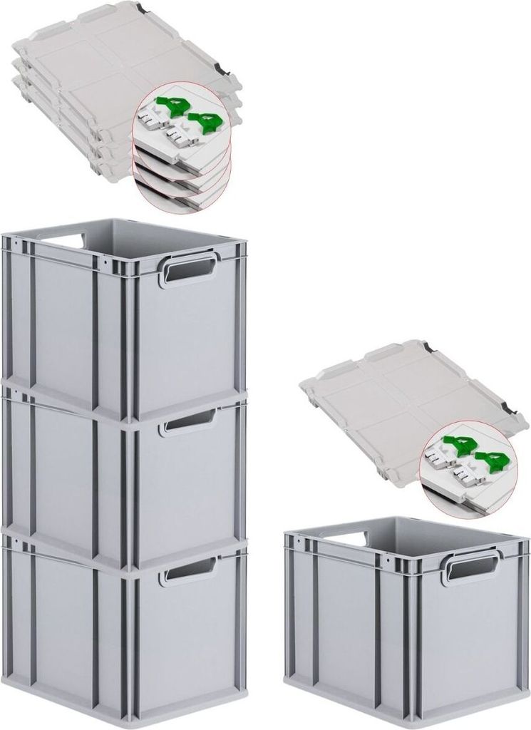 SuperSparSet 4x Eurobox NextGen Grip mit Scharnierdeckel und grünen Schiebeschnappverschlüssen | HxBxT 32x30x40cm | 30 Liter | Griffe offen | Gla...