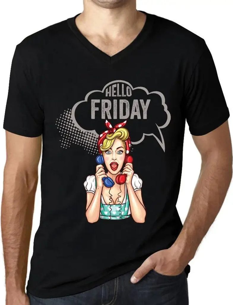 Herren Grafik T-Shirt V-Ausschnitt Hallo Freitag – Hello Friday – Öko-Verantwortlich Vintage Jahrgang Kurzarm Lustige Druck Geburtstag Geschen...