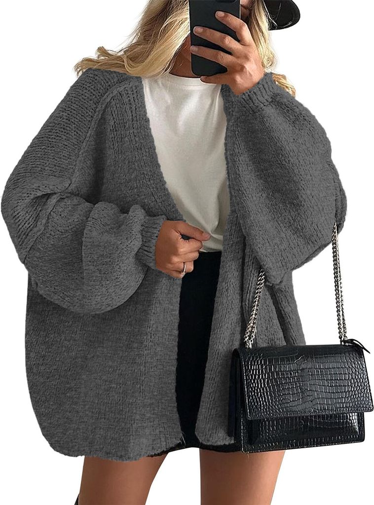 ASKSA Damen Strickjacke Offene Front Strickpullover Elegant Laternenaermel Einfarbig Oversized Casual Winter Strick Cardigan Strickmantel (Dunkelgr...
