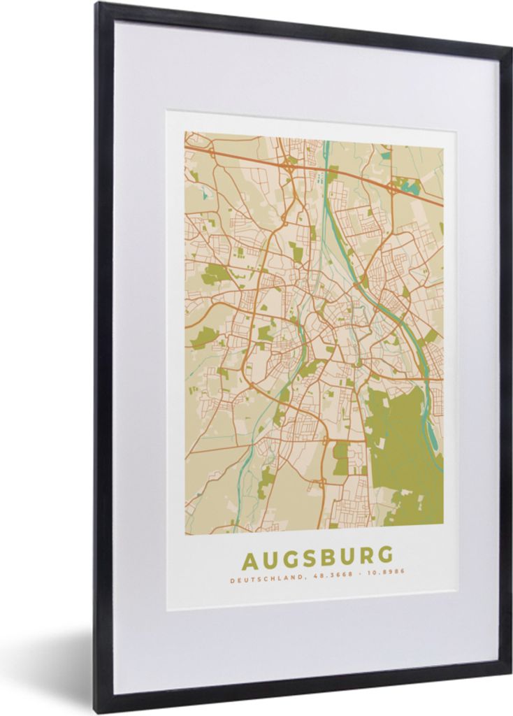 MuchoWow Gerahmtes Poster Karte - Augsburg - Karte - Vintage - Stadtplan 40x60 cm - Poster mit Schwarzem Bilderrahmen Wandposter Rahmen Foto Bild...