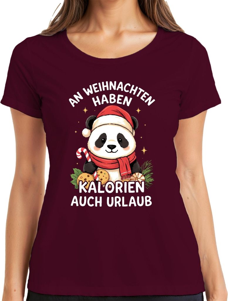 Weihnachten Panda Kalorien haben Urlaub lustig Geschenk Damen T-Shirt, Burgundy, M