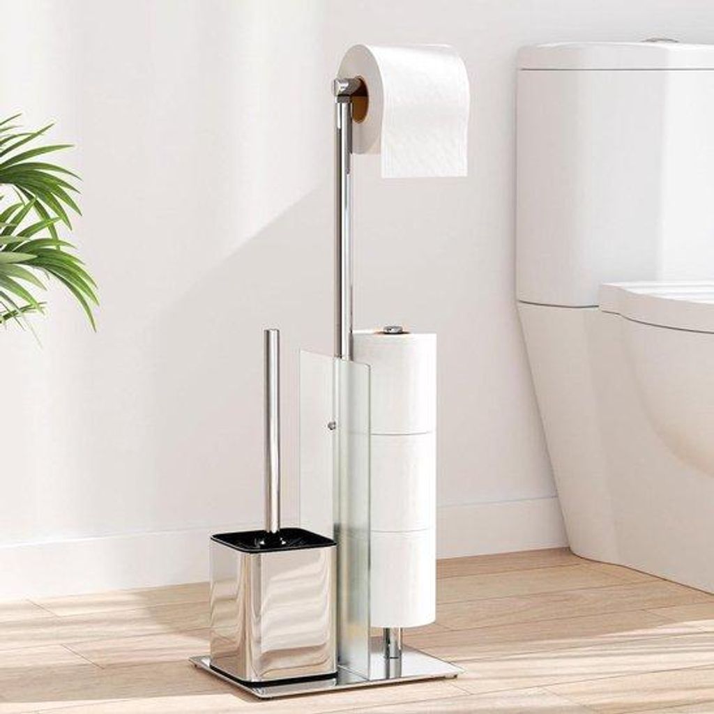 Toilettenset mit Bürste und Glasregal silber Edelstahl