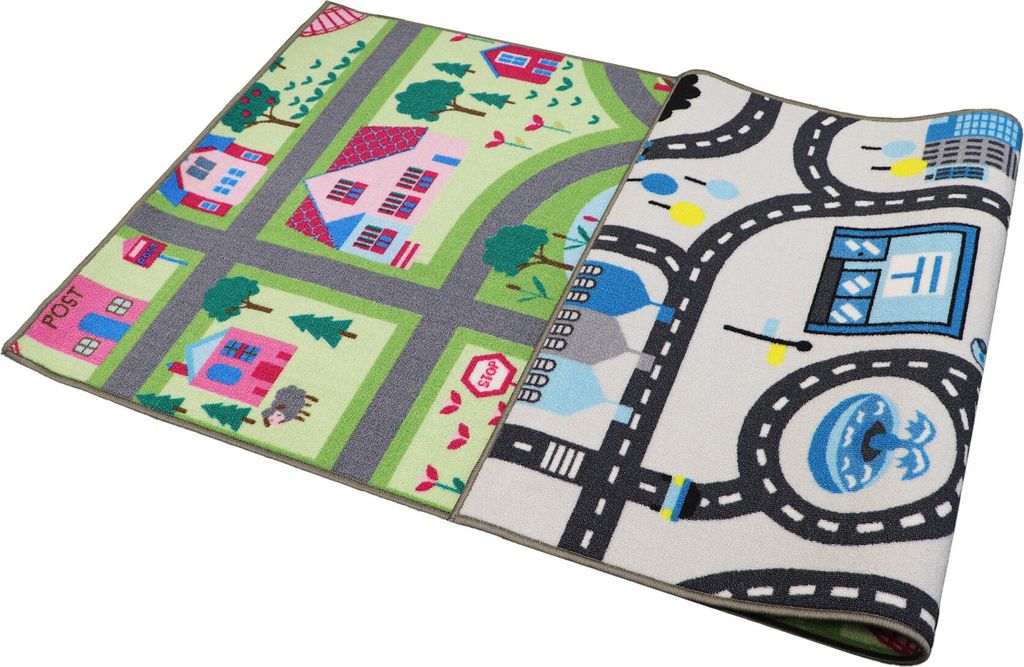 Primaflor Spielteppich DUOPLAY - Blue City / Pink Streets - 100x195cm - Kinderteppich für Mädchen & Jungs - Straßenteppich, Wendeteppich mit Lan...