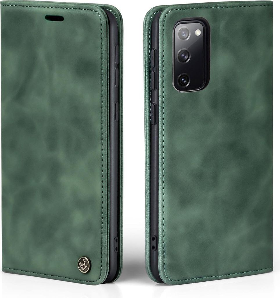 A green flip cover phone case for a Samsung Galaxy S20 FE is shown from two angles.