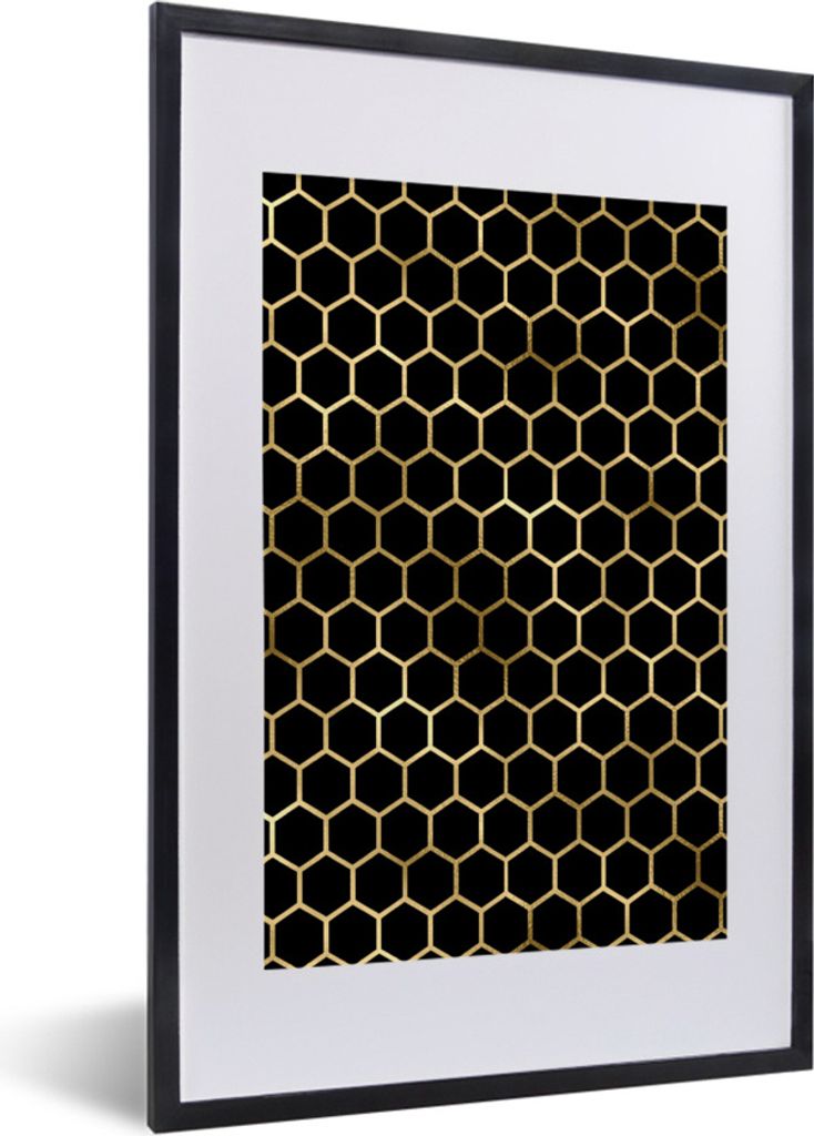 MuchoWow Gerahmtes Poster Muster - Sechseck - Gold 40x60 cm - Poster mit Schwarzem Bilderrahmen Wandposter Rahmen Foto Bilder - Poster in Rahmen