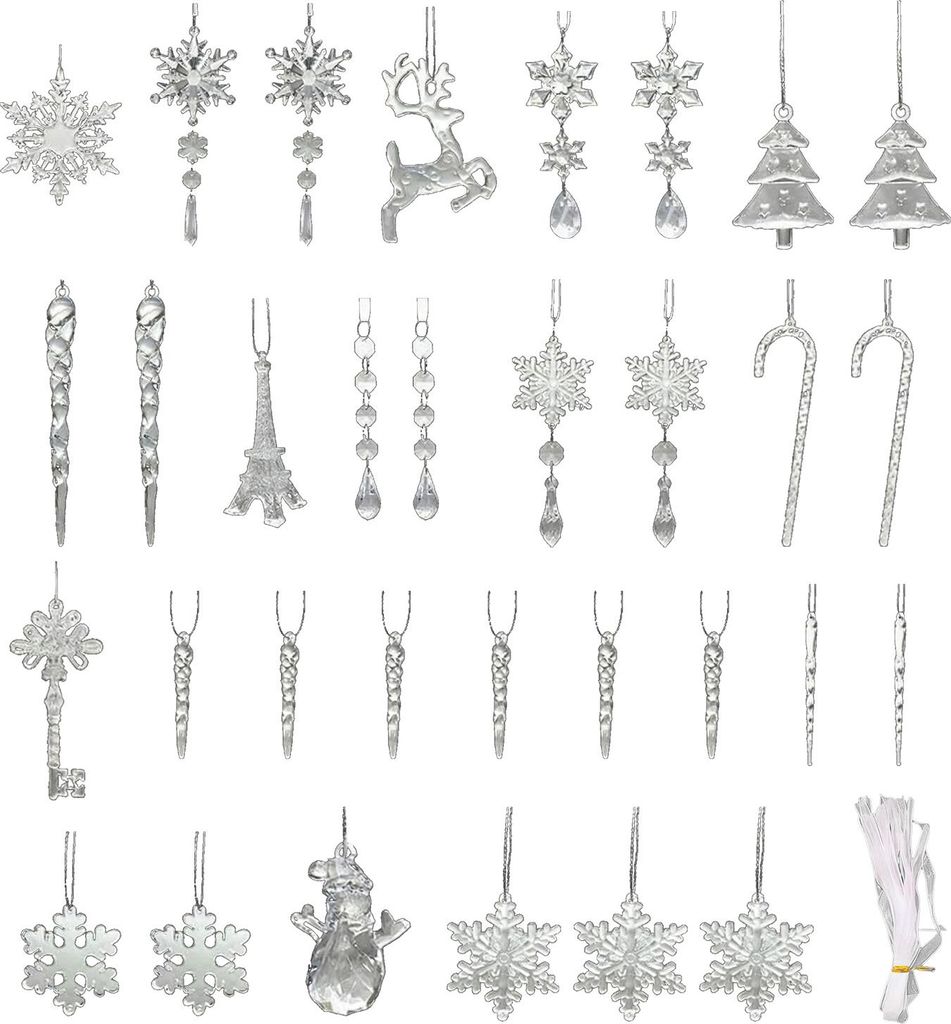 32-teiliges Acryl-Weihnachtsornament-Hängedekor-Set mit Schneeflocken, Hirsch, Schneemann, Eiszapfen, Zuckerstangen, Eiffelturm und Weihnachtsbaum...