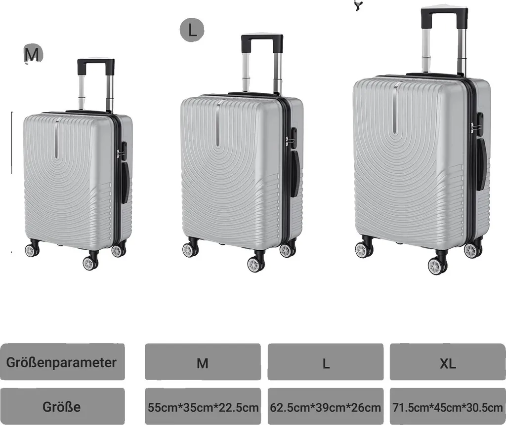 Ensemble de valises rigides en ABS argent avec roulettes silencieuses