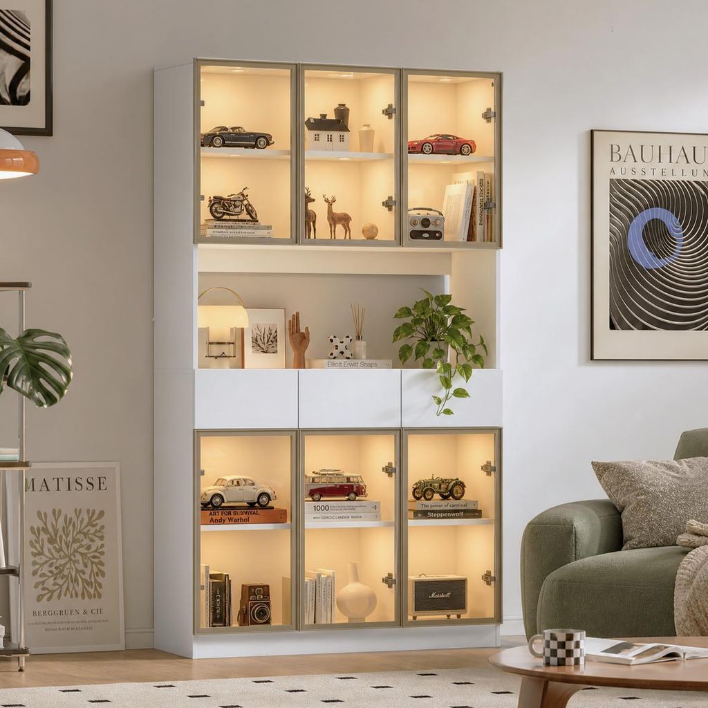 Weißer Vitrinenschrank mit 6 Glastüren & 3 Schubladen Produktbild 