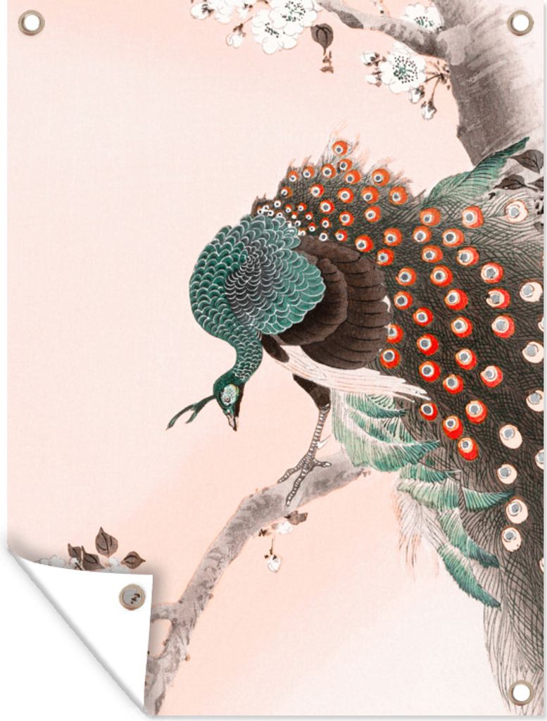 MuchoWow 60x80 cm Outdoor-Poster Gartendeko Sichtschutz Garten Poster für den Garten Vintage - Pfau - Japanisch - Pfauenfedern