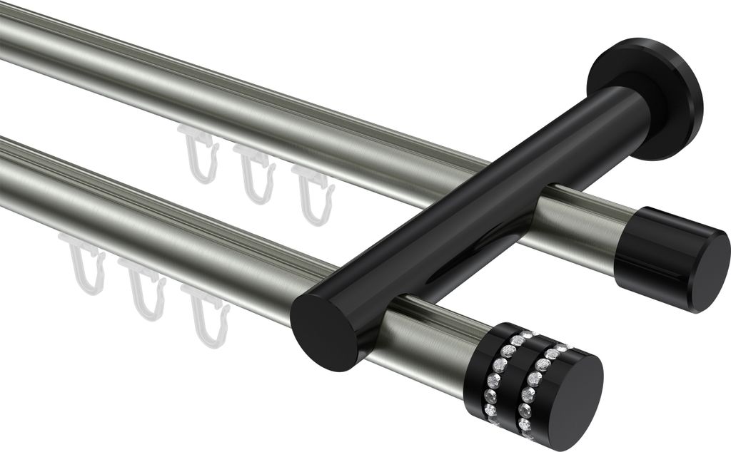 Interdeco Innenlaufstange / Gardinenstange mit Innenlauf Edelstahl-Optik / Schwarz, Typ Platon Estana (Glitzerkappe), 20 mm Ø 2-läufig, 140 cm