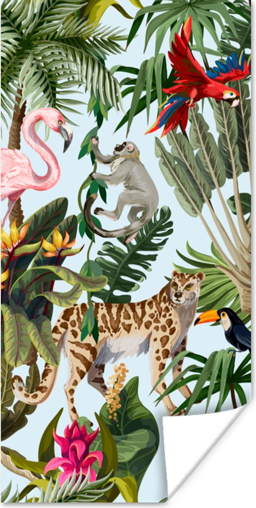 MuchoWow Poster Dschungel - Tiere - Mädchen - Kinder - Jungen - Flamingo - Papagei 75x150 cm - Dekoration für die Wände