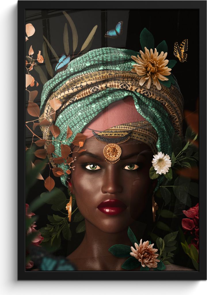 MuchoWow MuchoWow Gerahmtes Poster Frau - Blumen - Schmetterlinge - Pflanzen - Schmuck - Luxus 40x60 cm - Poster mit zchwarzem Bilderrahmen - P...