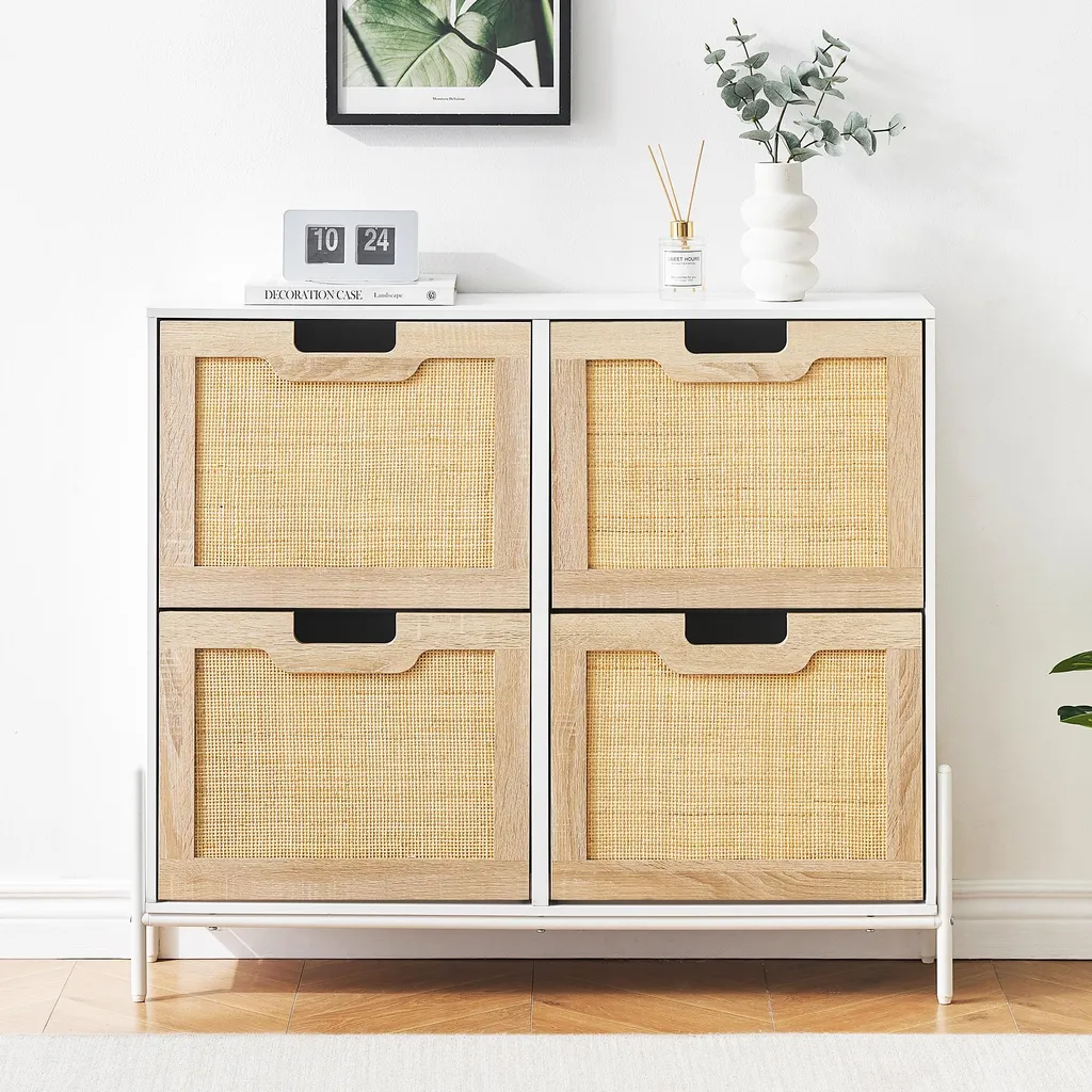 Armoire à chaussures blanche 4 abattants en rotin naturel - Modèle R-120