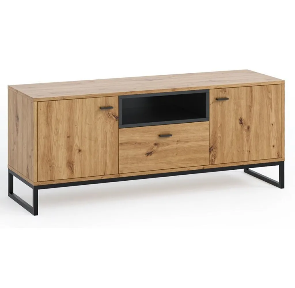 Meuble TV BEND en bois et noir - Buffet bas de télévision chêne artisan