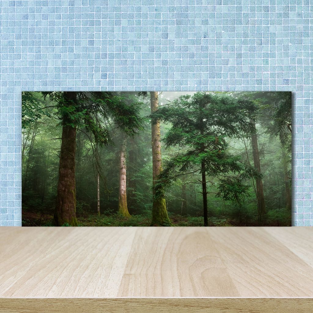 Tulup Küchenrückwand Spritzschutz aus Glas -100x50 -Spritzschutz auf gehärtetes GlasDeko Landschaften Nebel im Wald