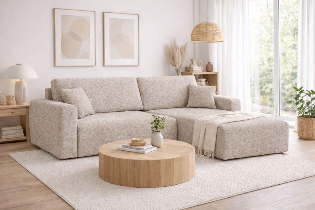 Kaiser Möbel Ecksofa mit Schlaffunktion und Bettkasten, Ariel L-Form im Sofa-Chenille Stoff Artico, Beige, Rechts
