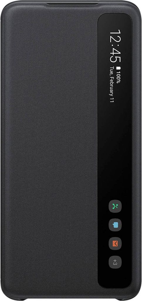 A black Samsung flip case for a smartphone, showing the time and date on the transparent cover.