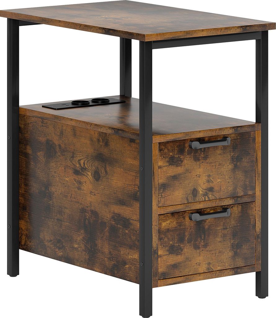 Fortuna Lai Beistelltisch Couchtisch mit Aufladestation, USB-Anschlüssen und Steckdosen, Nachttisch mit 2 Schubladen, Regal für Wohnzimmer, Schla...