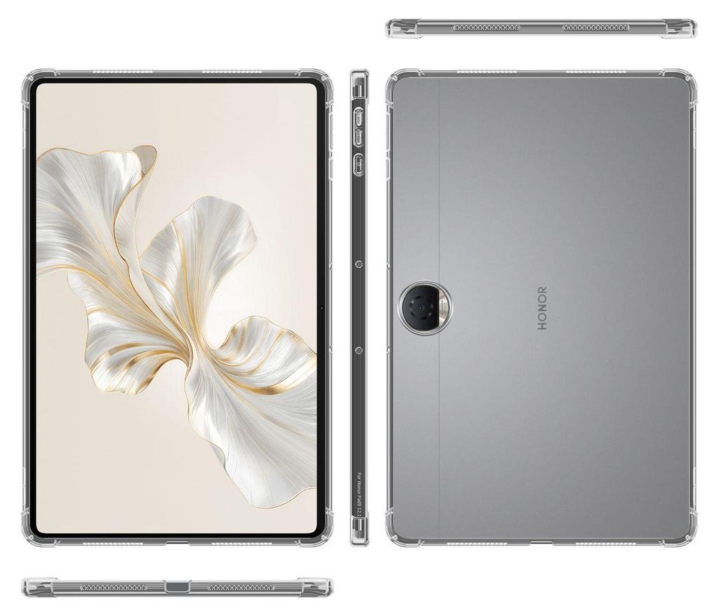 Multiple views of a transparent tablet case on a white background.