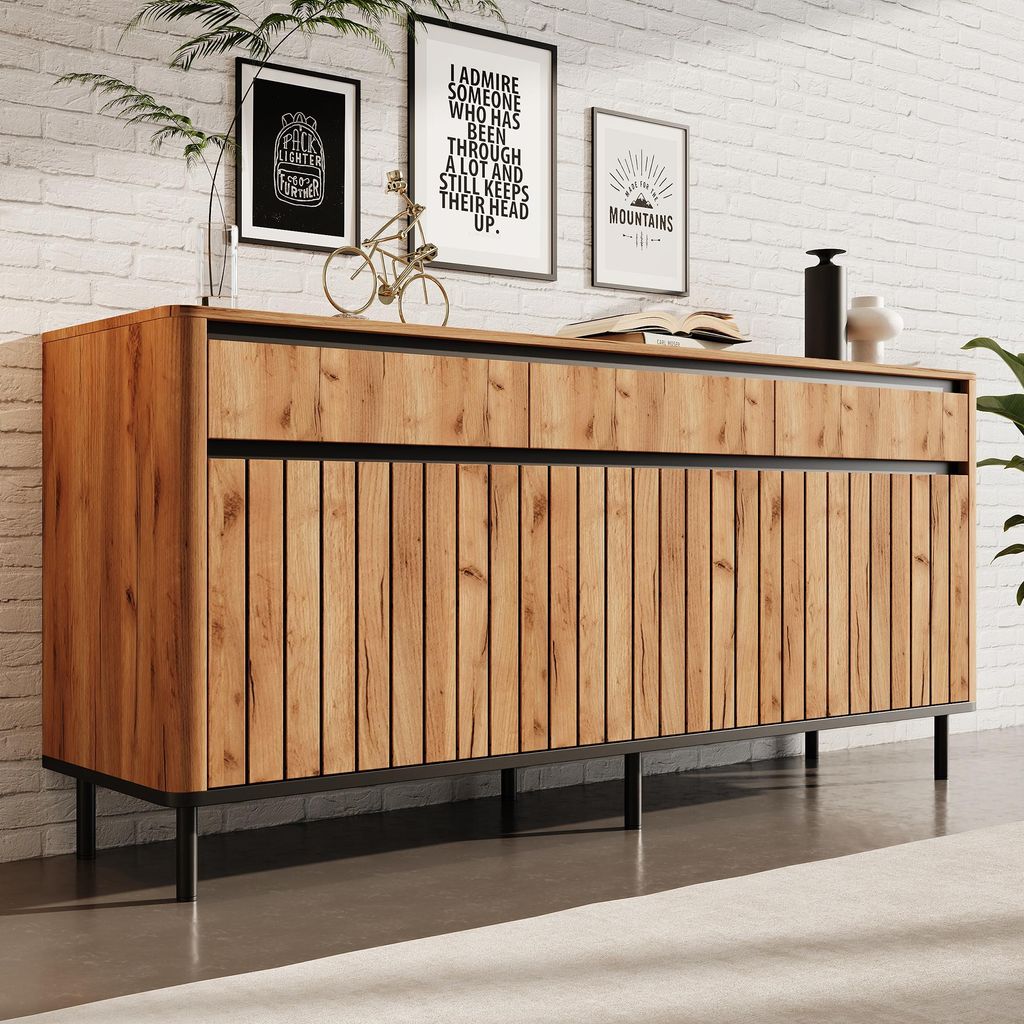 Komoda Merax z 3 szufladami i 3 drzwiczkami z listewkami, Zdjęcie produktu 