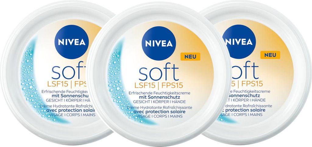 NIVEA Soft Feuchtigkeitscreme mit Sonnenschutz Lichtschutzfaktor 15 3 x 100 ml