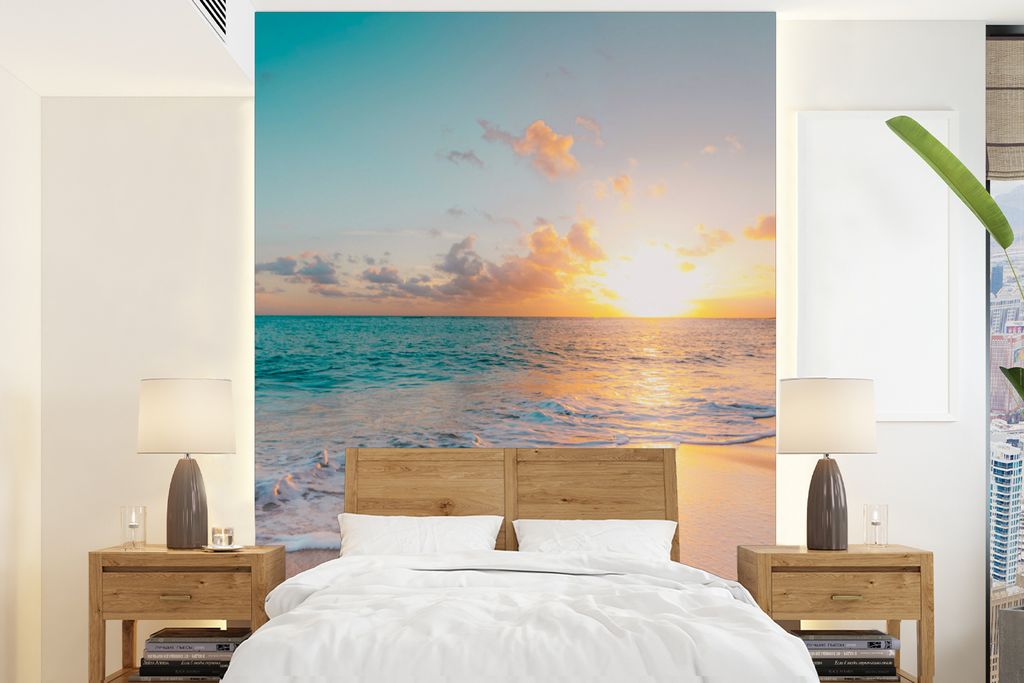 MuchoWow Fototapete für Wohnzimmer oder Schlafzimmer Wandtapete Vinyl Motivtapete Sonnenuntergang - Strand - Meer - Sommer - Blau - 195x260 cm -...