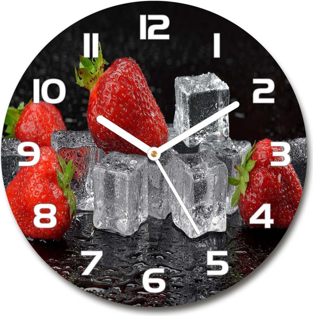 Wanduhr aus Glas 30fi Glasbild Glasuhr Gehärtetes Glas - weisse-zeiger - Strawberries with ice