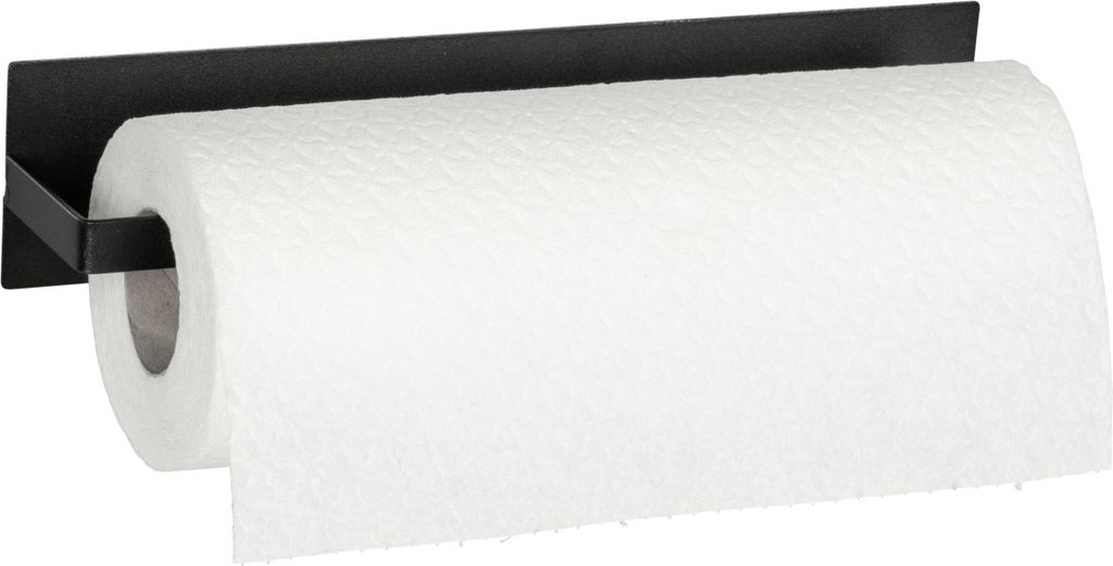 A black paper towel holder mounted on a wall, with a roll of white paper towels on it.